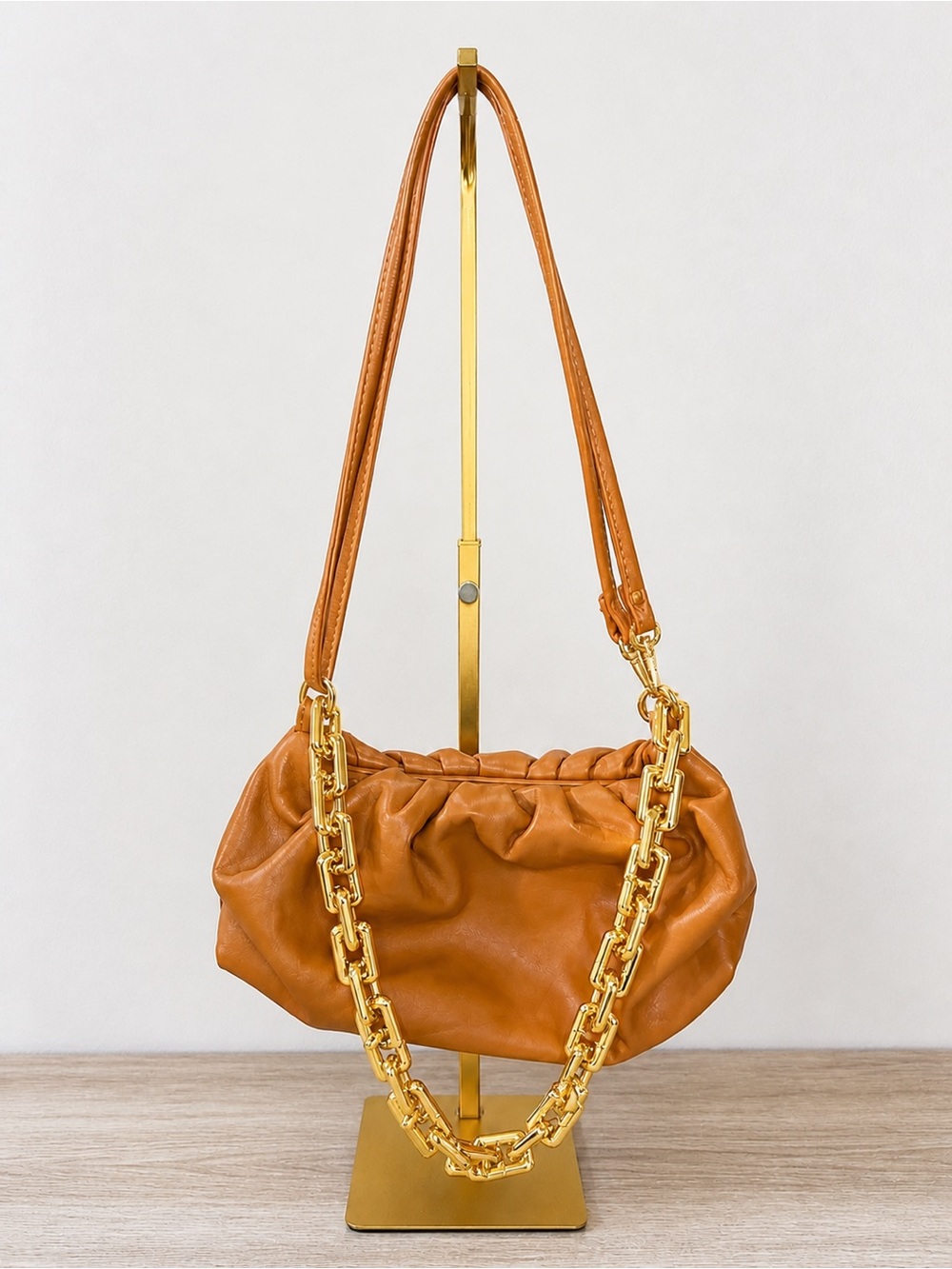 Urban Expressions Ruched Shoulder/Crossbody Bag w/ Gold Chain – Caramel Tan